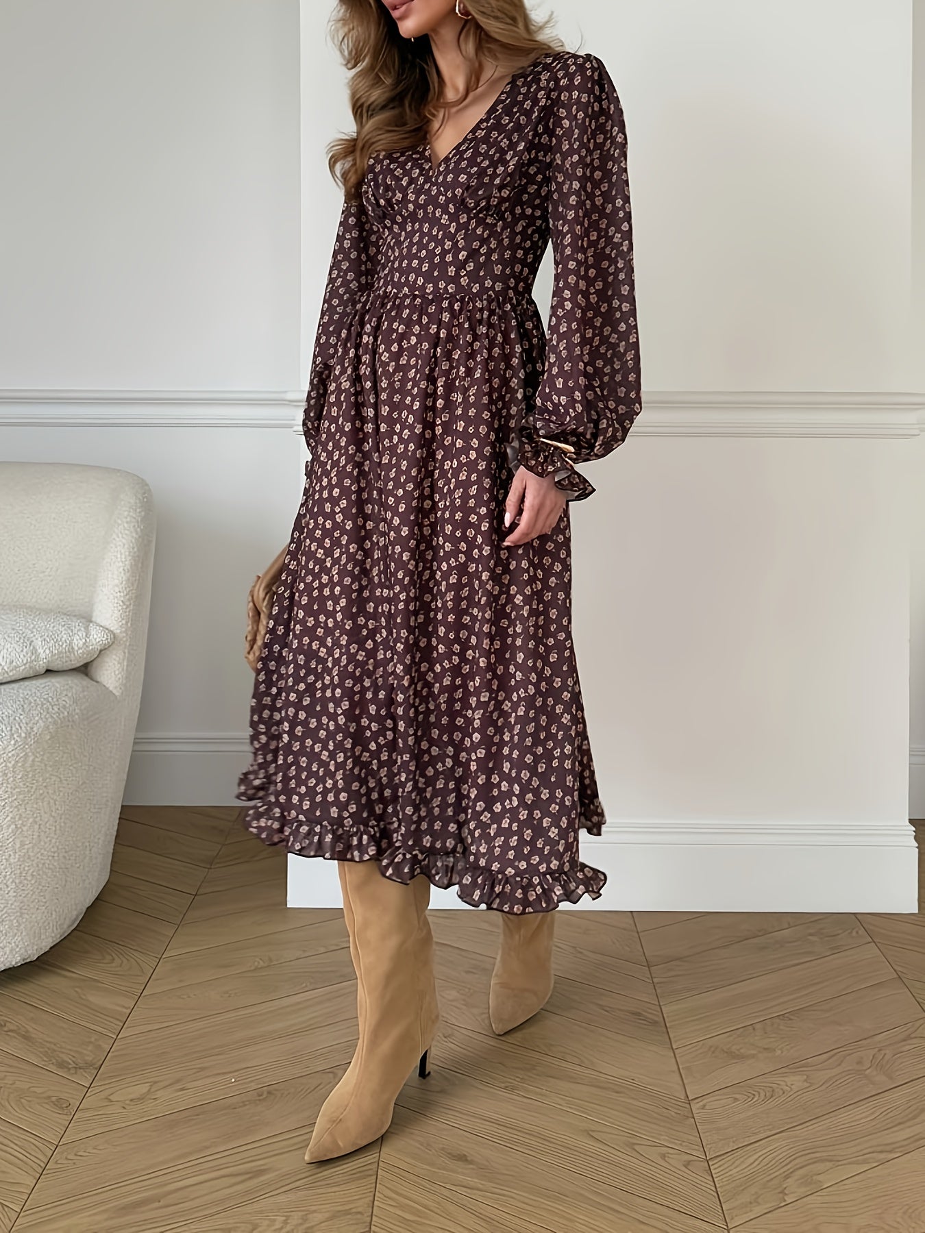 Ina | Herfstprint Jurk Met Ruches