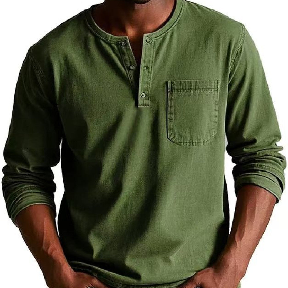 V-neck Long-sleeved T-shirt With Button Design Fashion Casual Solid Color Pullover Top Men's Clothing