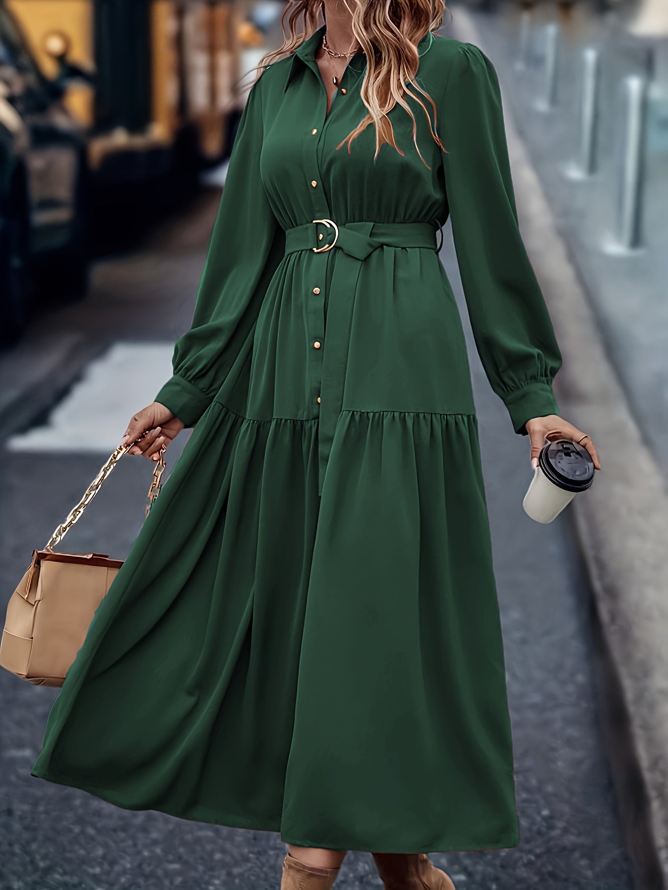 Pauline | Elegante Effen Jurk Met Lange Mouwen