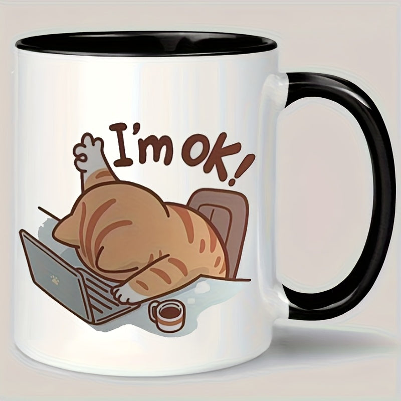 Keramische Geïsoleerde Kattenkoffiemok - Herbruikbare Multifunctionele Theekop met Speels "Ik Ben Prima" Kattendesign, Alleen Handwas, Ideaal Geschenk voor Kattenliefhebbers, Koffiekop