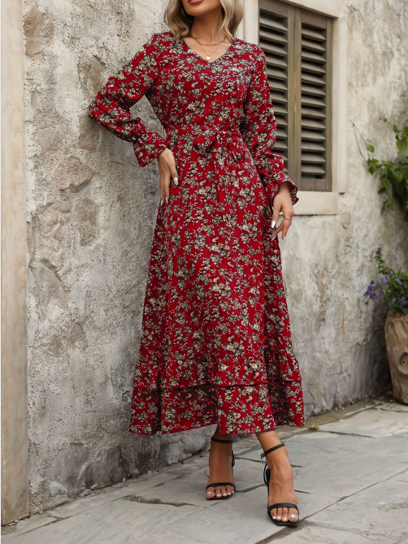 Eef | Lange Bloemenjurk Met V-Hals