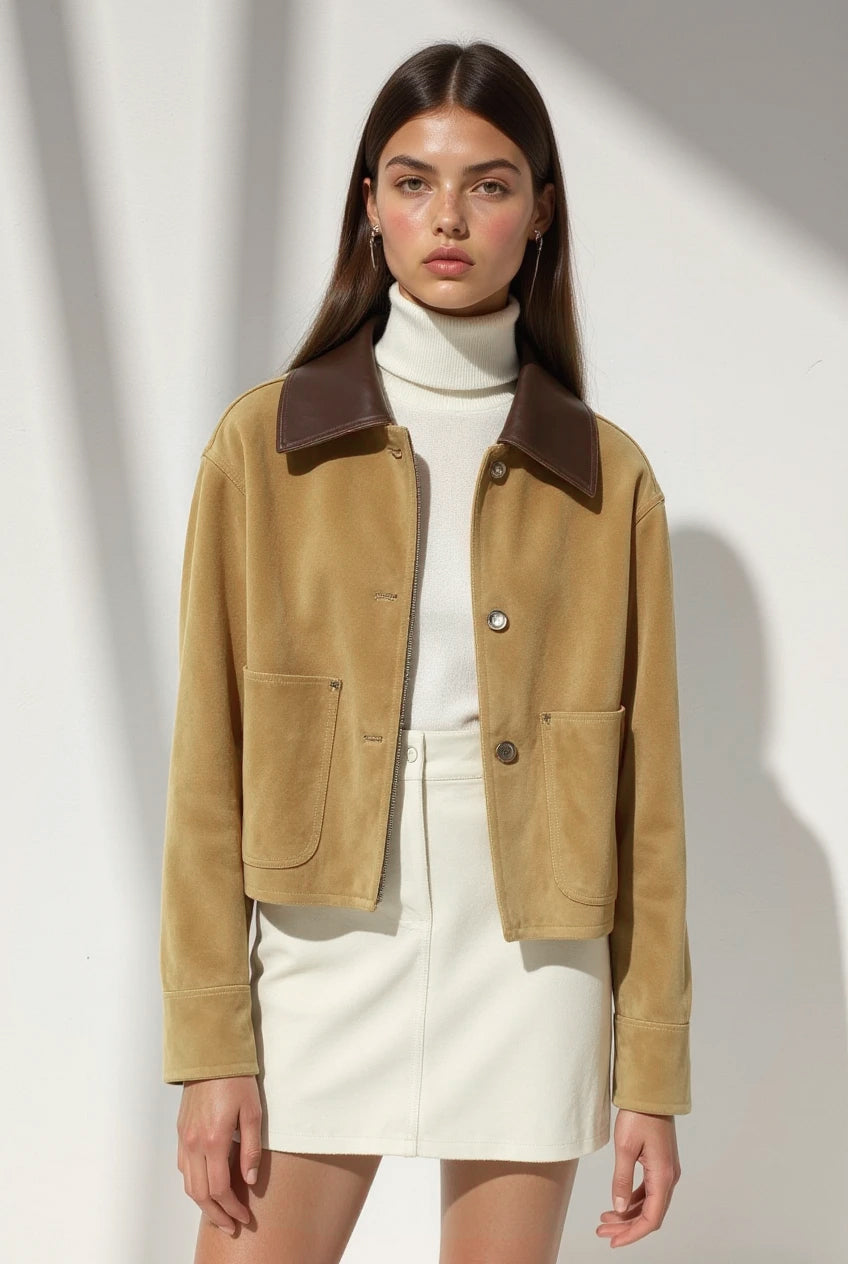 Frida | Cropped Leren Jas Met Contrasterende Kraag