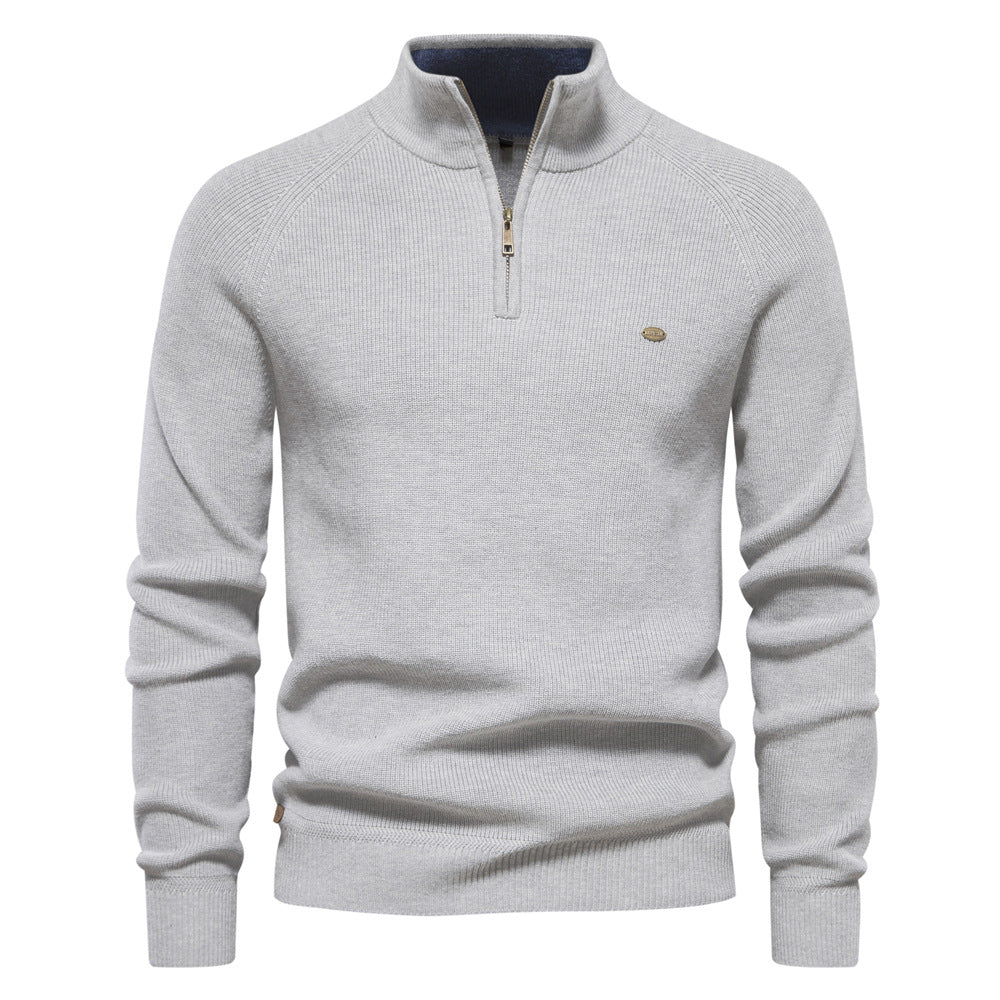 Men's Zipper Stand Collar Knitted Sweater Fashion Slim Solid Color Long Sleeve Half Turtleneck Top Men's Clothing