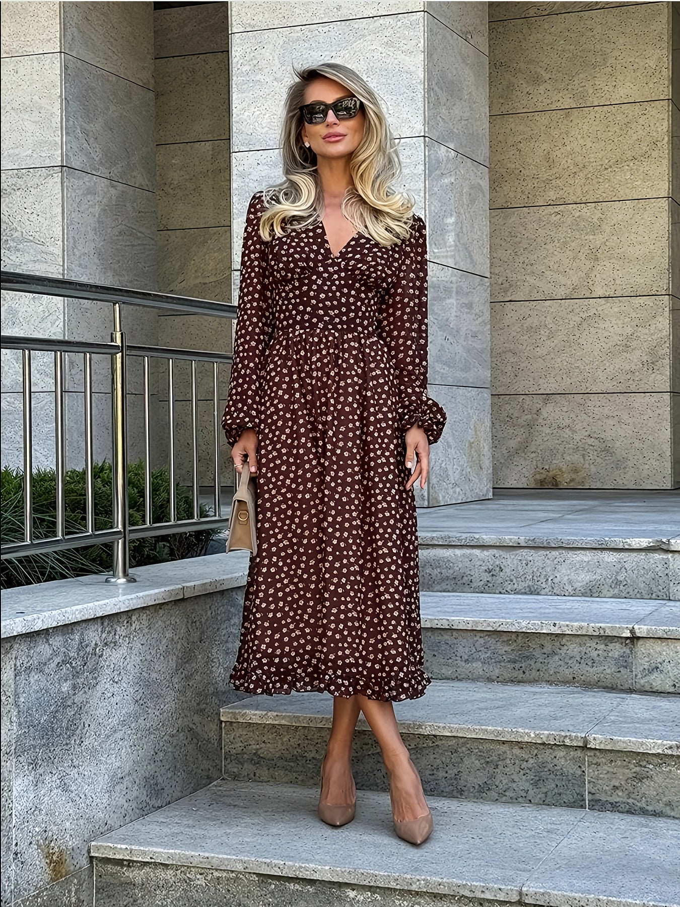 Ina | Herfstprint Jurk Met Ruches