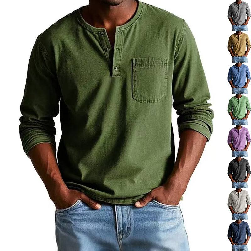 V-neck Long-sleeved T-shirt With Button Design Fashion Casual Solid Color Pullover Top Men's Clothing