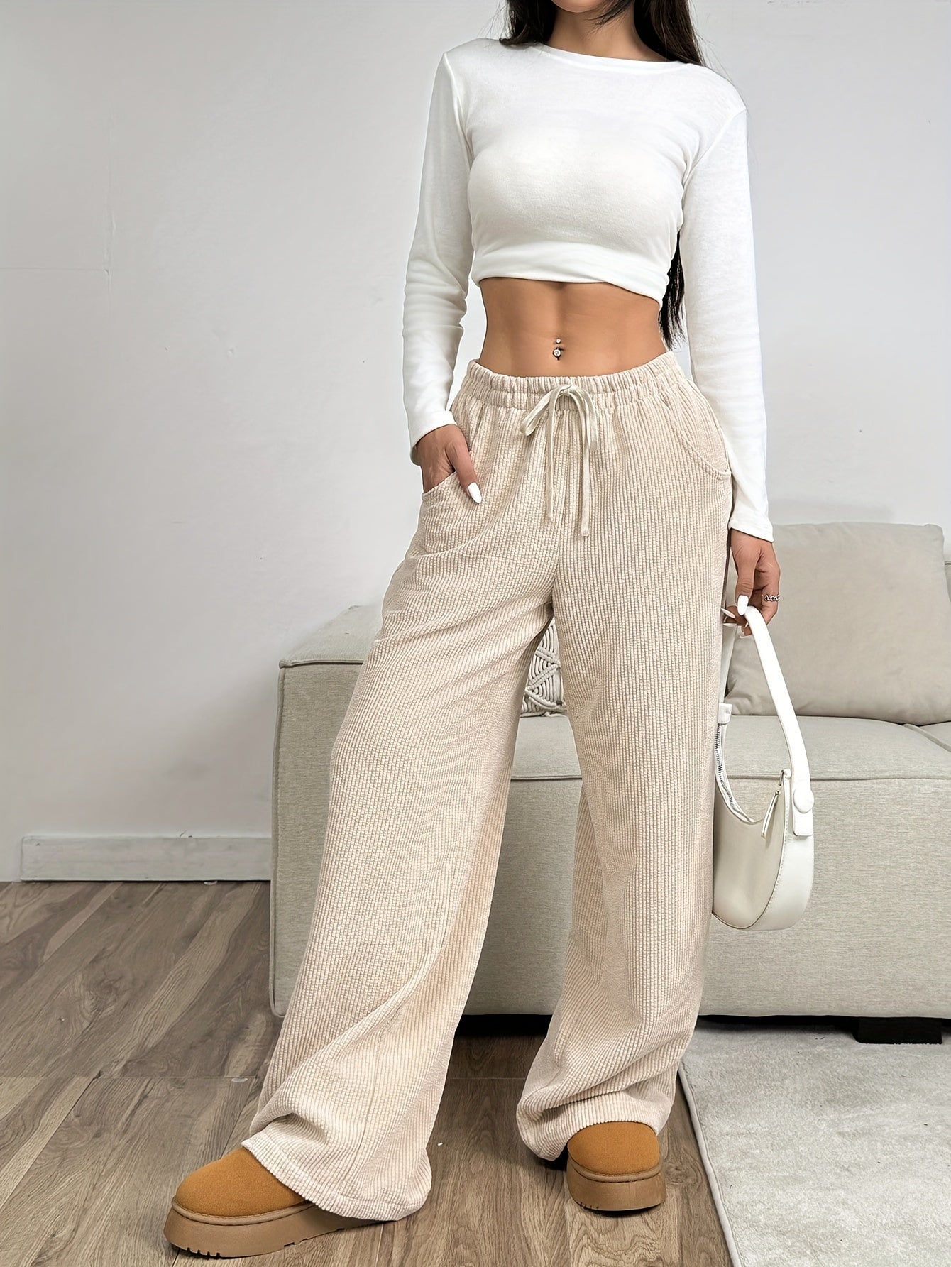 Marion | Beige Corduroy Wijde Broek