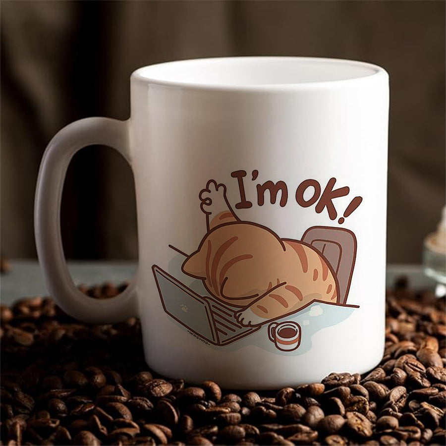 Keramische Geïsoleerde Kattenkoffiemok - Herbruikbare Multifunctionele Theekop met Speels "Ik Ben Prima" Kattendesign, Alleen Handwas, Ideaal Geschenk voor Kattenliefhebbers, Koffiekop