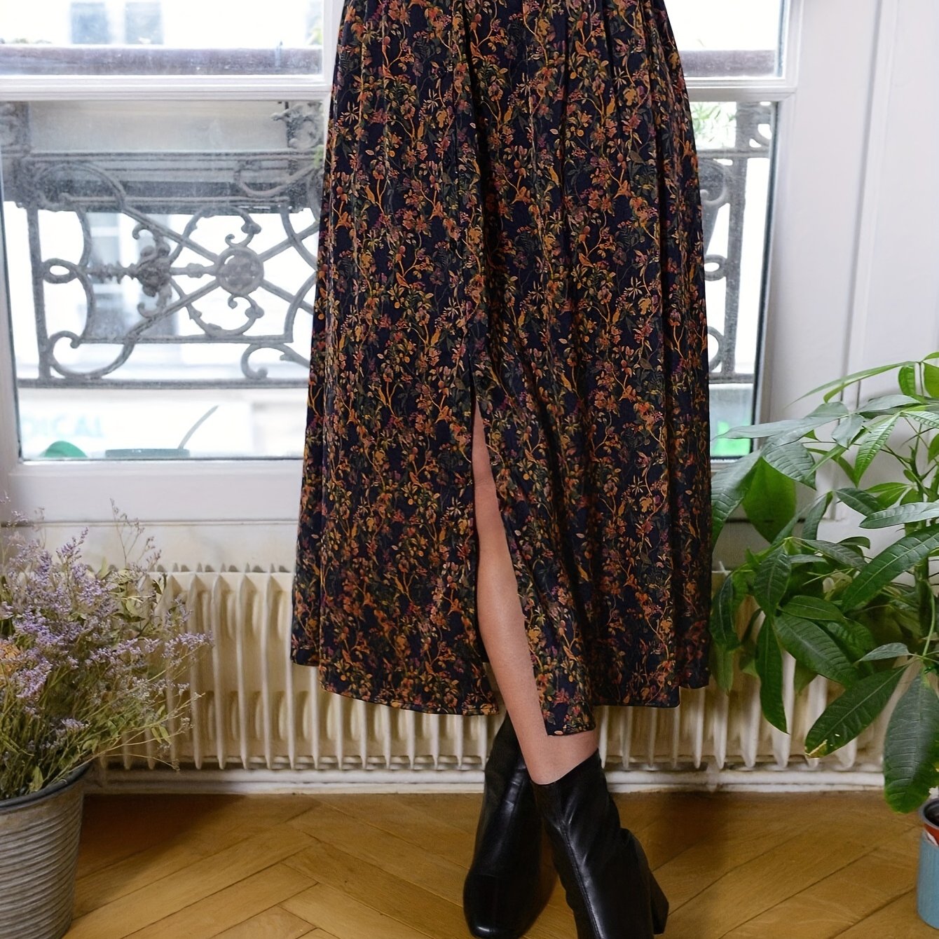 Inez | Vintage Bloemen Print Rok Met Split