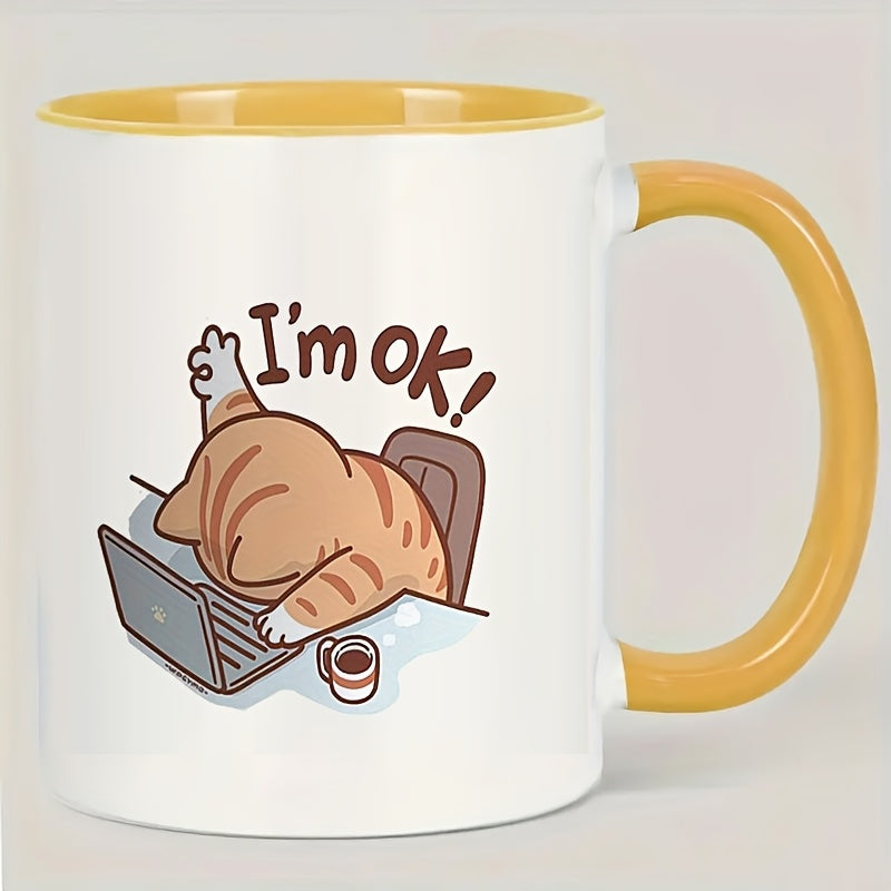 Keramische Geïsoleerde Kattenkoffiemok - Herbruikbare Multifunctionele Theekop met Speels "Ik Ben Prima" Kattendesign, Alleen Handwas, Ideaal Geschenk voor Kattenliefhebbers, Koffiekop