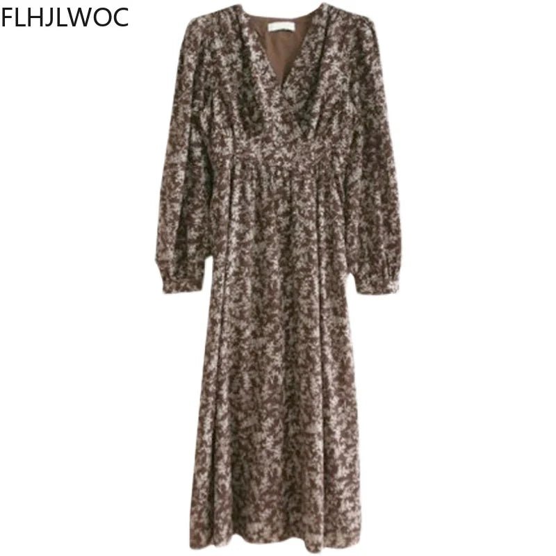 Korea Chic Dress Temperament Holiday Date Girls V Neck Draped Sweet Romantic Floral Print Women Long Split Slit Dresses Vestidos