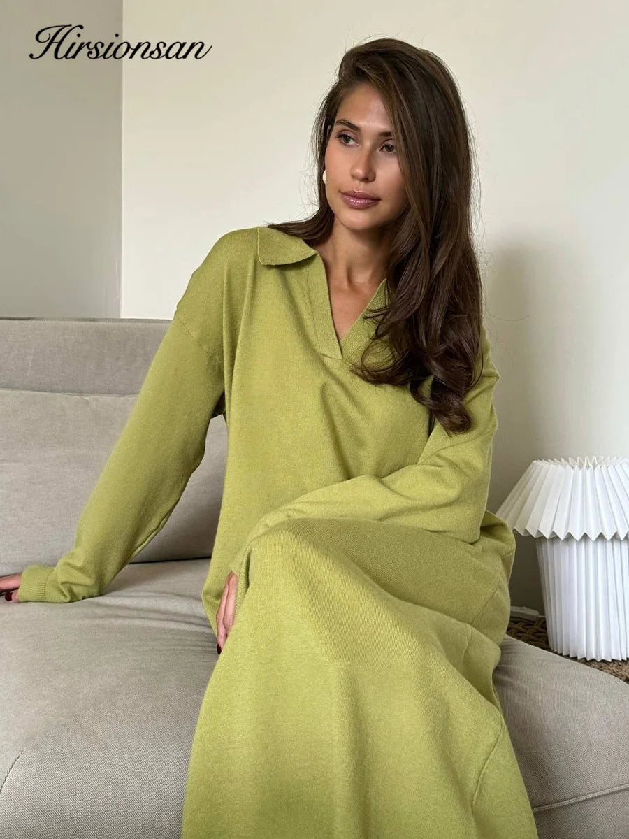 Hirsionsan manches longues automne hiver ample col Polo pull robes femmes doux élégant solide robe en tricot femme 2025 nouveaux vêtements