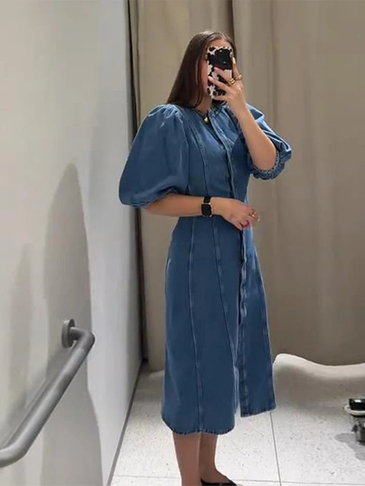 Denim Puff Short Sleeve Women's Dress Summer O-neck Covered Button Long Dresses Female 2025 Fashion Fit A-line Lady Robe