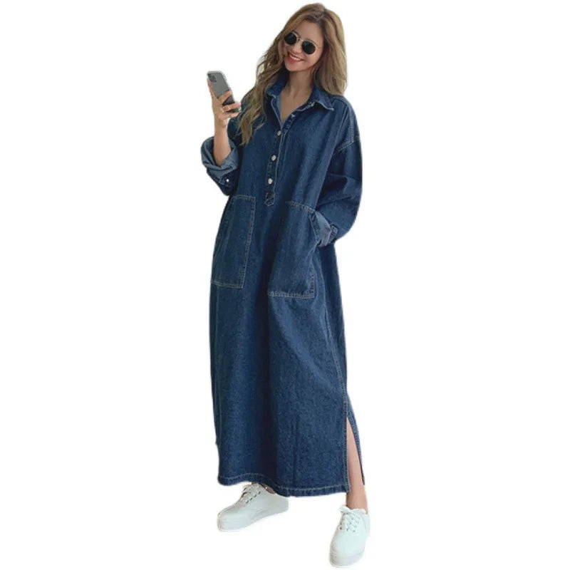 Long Dress Women Denim Dresses Turn Down Collar A Line Vestidos Maxi Mom Jeans Streetwear Casual Loose Y2k Summer 2025 Party