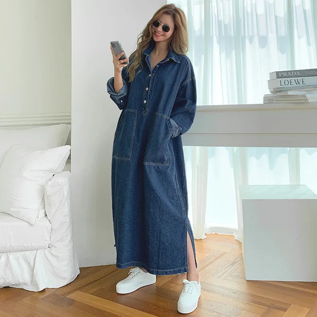 Long Dress Women Denim Dresses Turn Down Collar A Line Vestidos Maxi Mom Jeans Streetwear Casual Loose Y2k Summer 2025 Party
