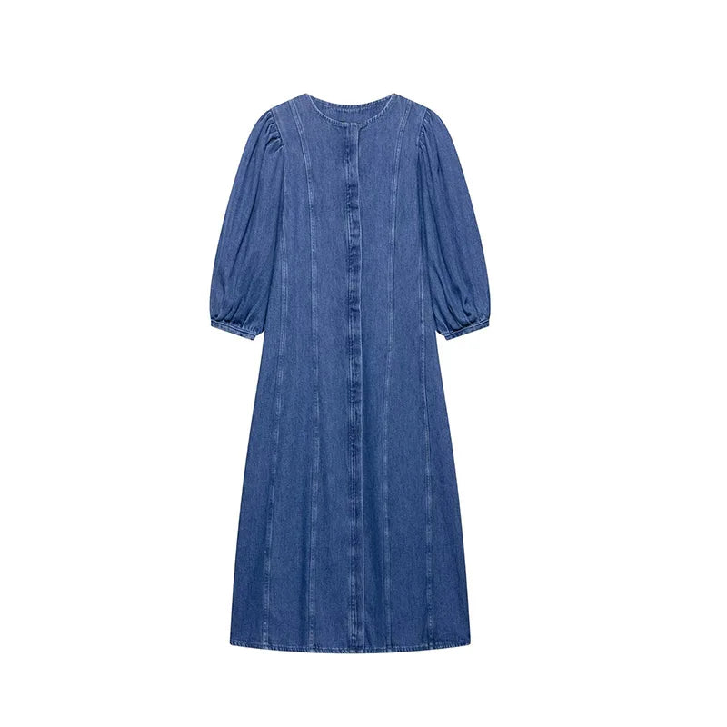 Denim Puff Short Sleeve Women's Dress Summer O-neck Covered Button Long Dresses Female 2025 Fashion Fit A-line Lady Robe
