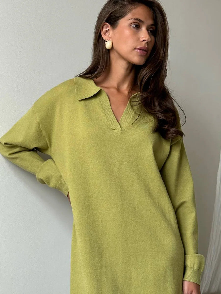 Hirsionsan manches longues automne hiver ample col Polo pull robes femmes doux élégant solide robe en tricot femme 2025 nouveaux vêtements