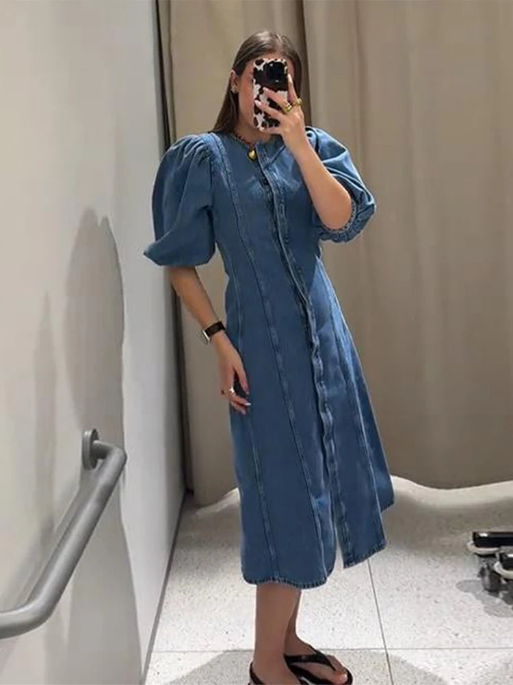 Denim Puff Short Sleeve Women's Dress Summer O-neck Covered Button Long Dresses Female 2025 Fashion Fit A-line Lady Robe