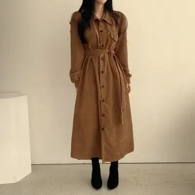 ChicAutumn/hiver Style coréen simple boutonnage taille ajustée longue robe en velours côtelé couleur unie femmes mode Vintage robe à revers