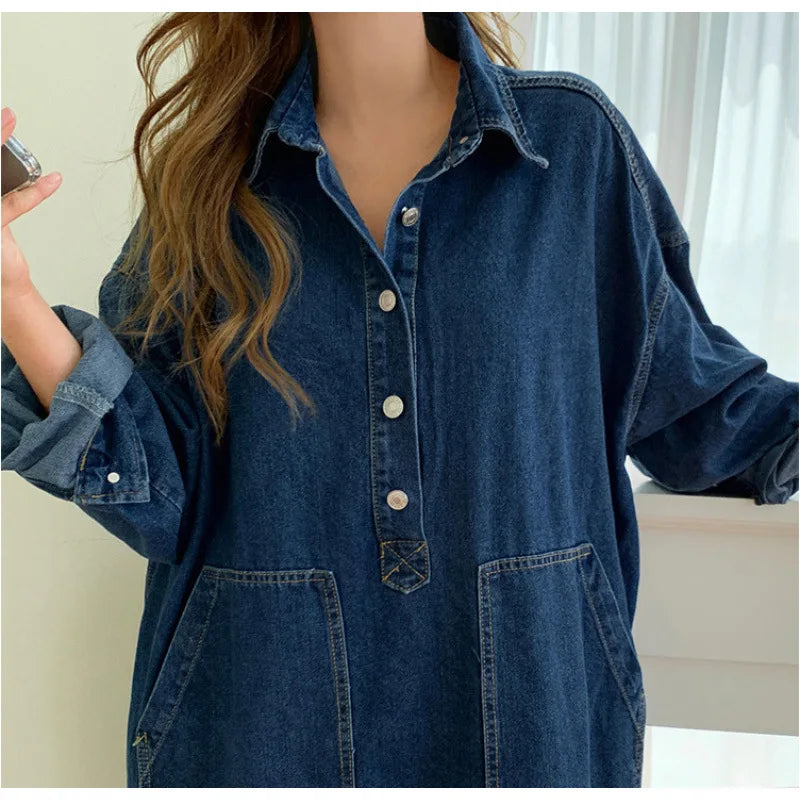 Long Dress Women Denim Dresses Turn Down Collar A Line Vestidos Maxi Mom Jeans Streetwear Casual Loose Y2k Summer 2025 Party