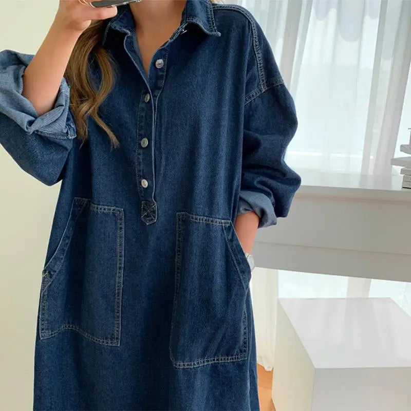Long Dress Women Denim Dresses Turn Down Collar A Line Vestidos Maxi Mom Jeans Streetwear Casual Loose Y2k Summer 2025 Party