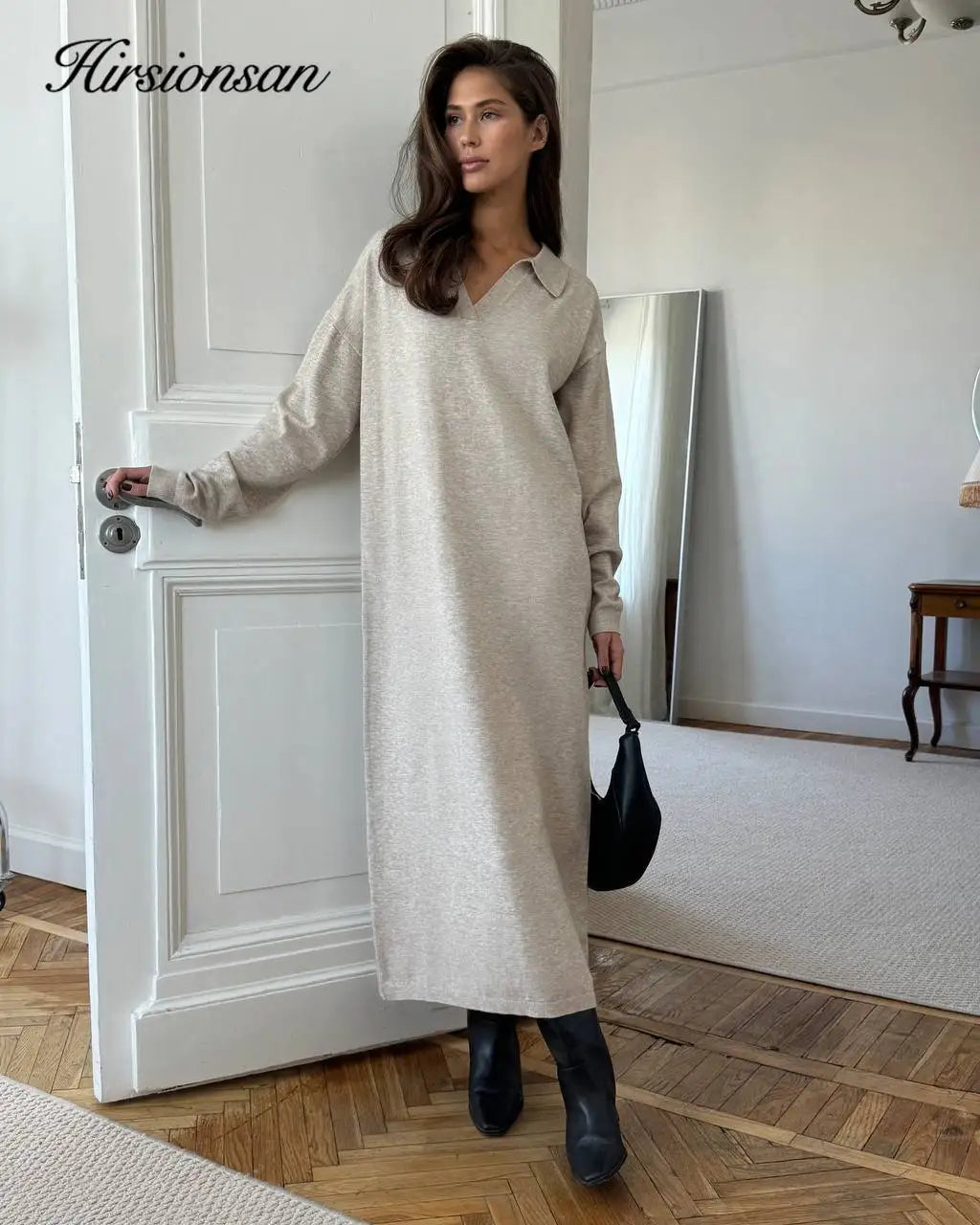 Hirsionsan manches longues automne hiver ample col Polo pull robes femmes doux élégant solide robe en tricot femme 2025 nouveaux vêtements