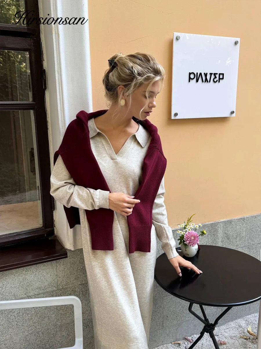 Hirsionsan manches longues automne hiver ample col Polo pull robes femmes doux élégant solide robe en tricot femme 2025 nouveaux vêtements