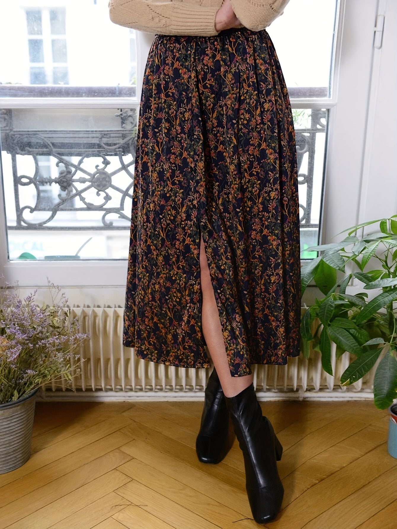 Inez | Vintage Bloemen Print Rok Met Split