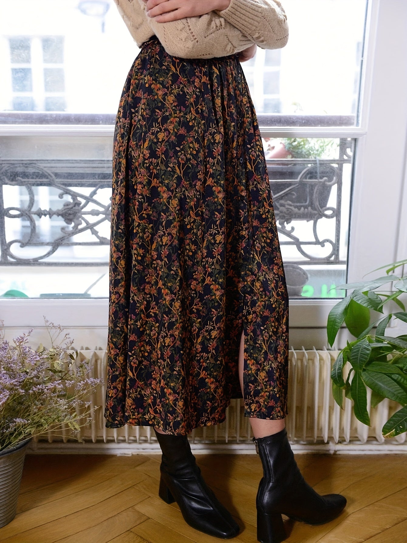 Inez | Vintage Bloemen Print Rok Met Split