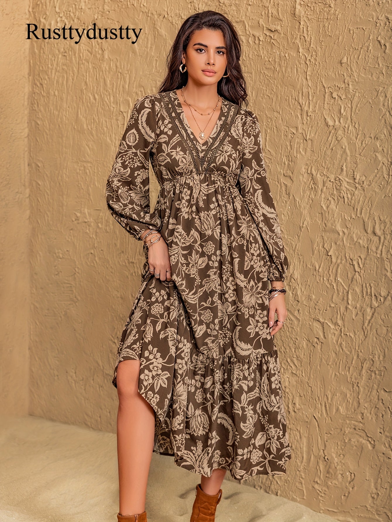 Ingrid | Bohemian Vintage Bloemenprint Jurk Met V-Hals