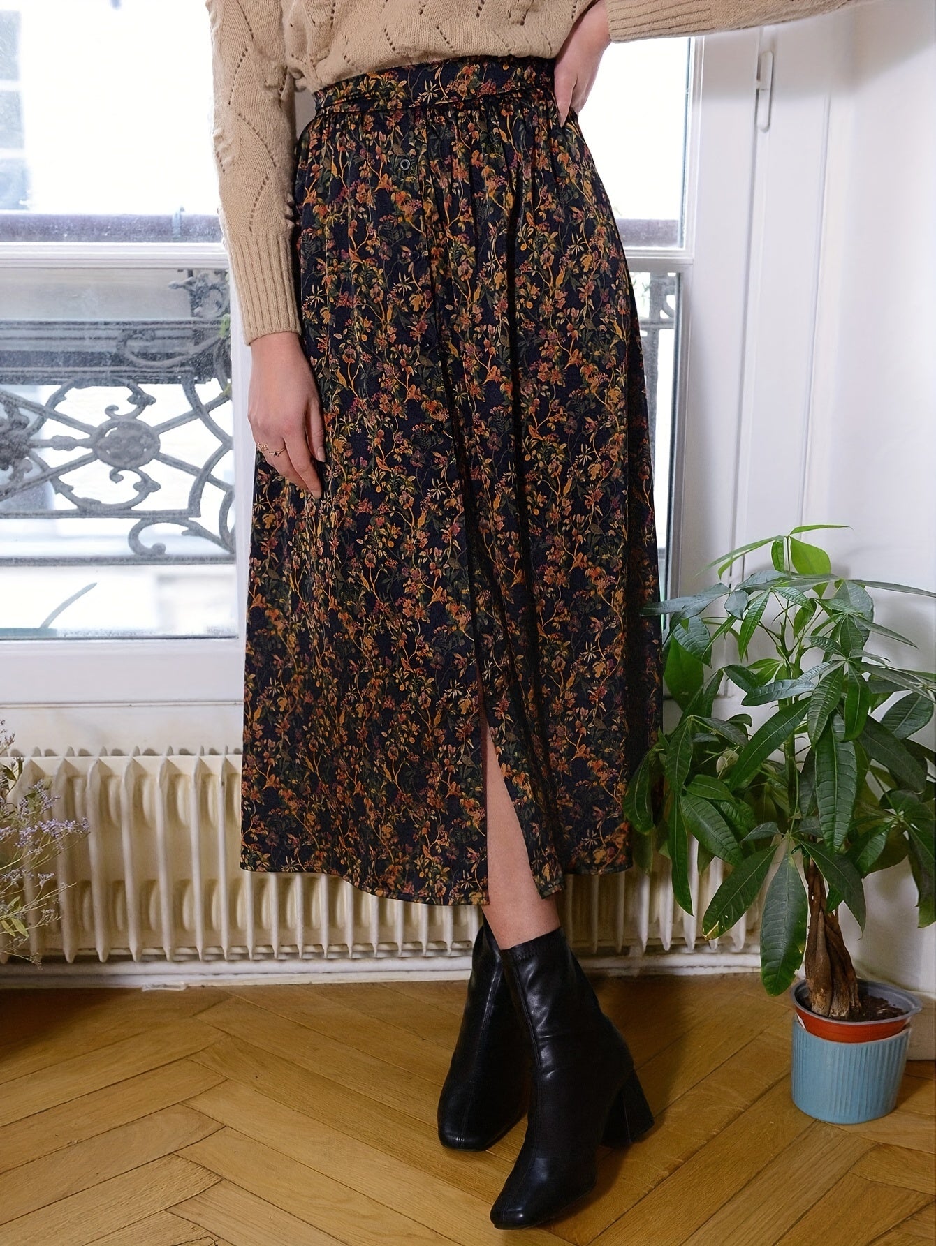 Inez | Vintage Bloemen Print Rok Met Split