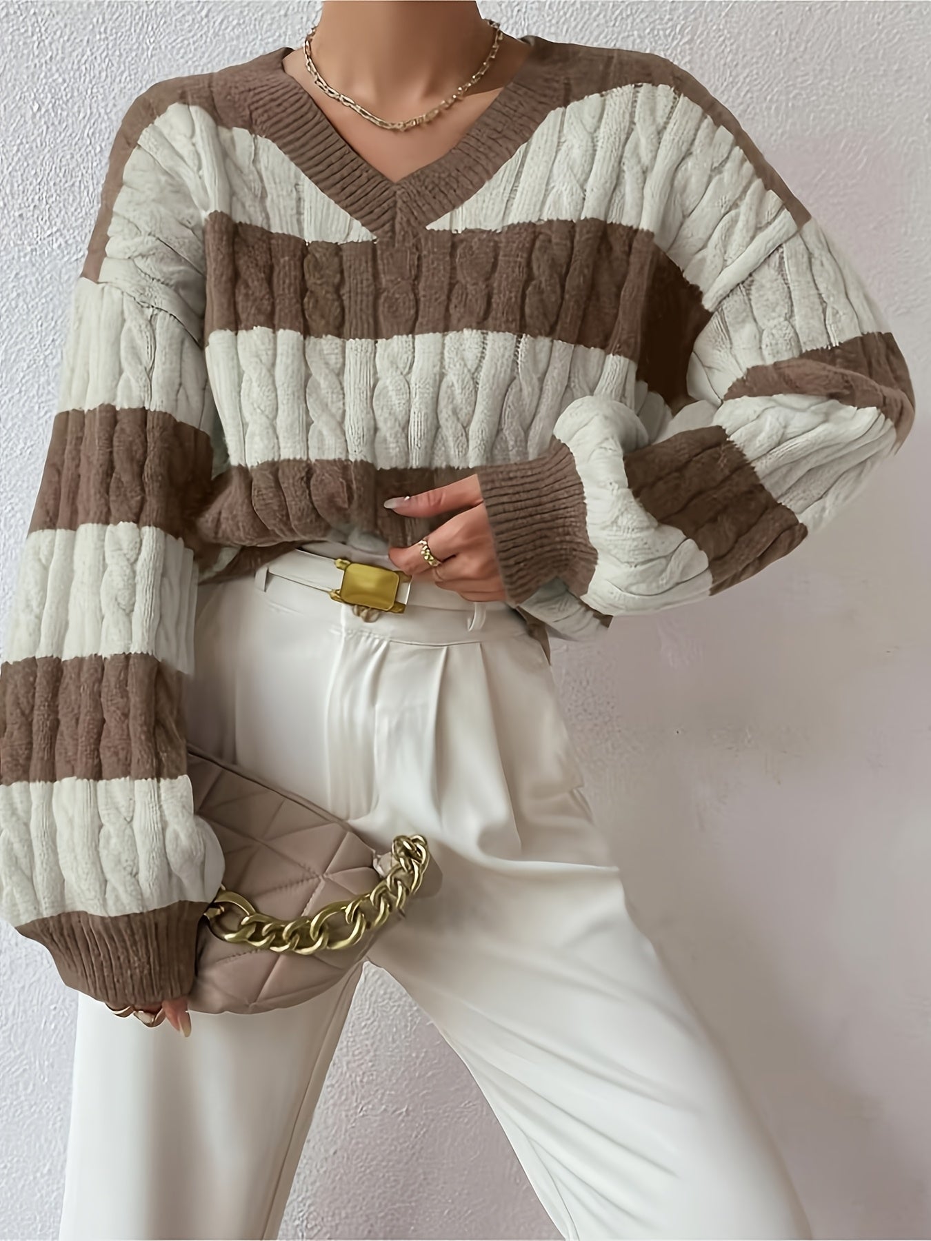 Anita | Gestreepte Kabelgebreide Trui Met V-Hals