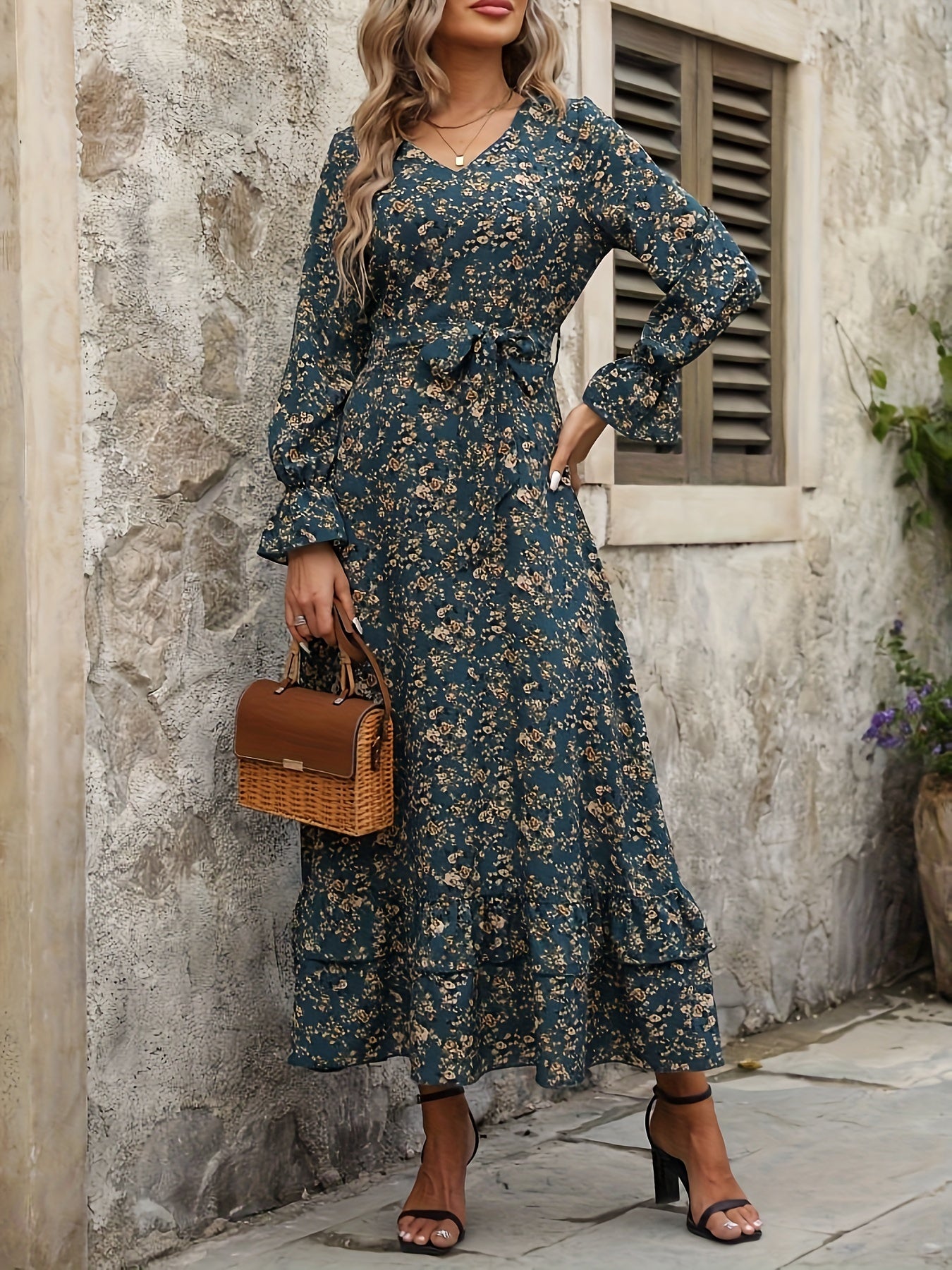 Eef | Lange Bloemenjurk Met V-Hals