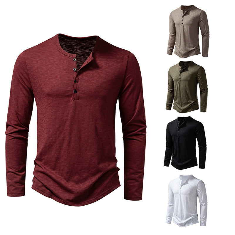 Men's Long-sleeved T-shirt Fashion Casual Solid Color Pullover Button Top Autumn And Spring Clothing