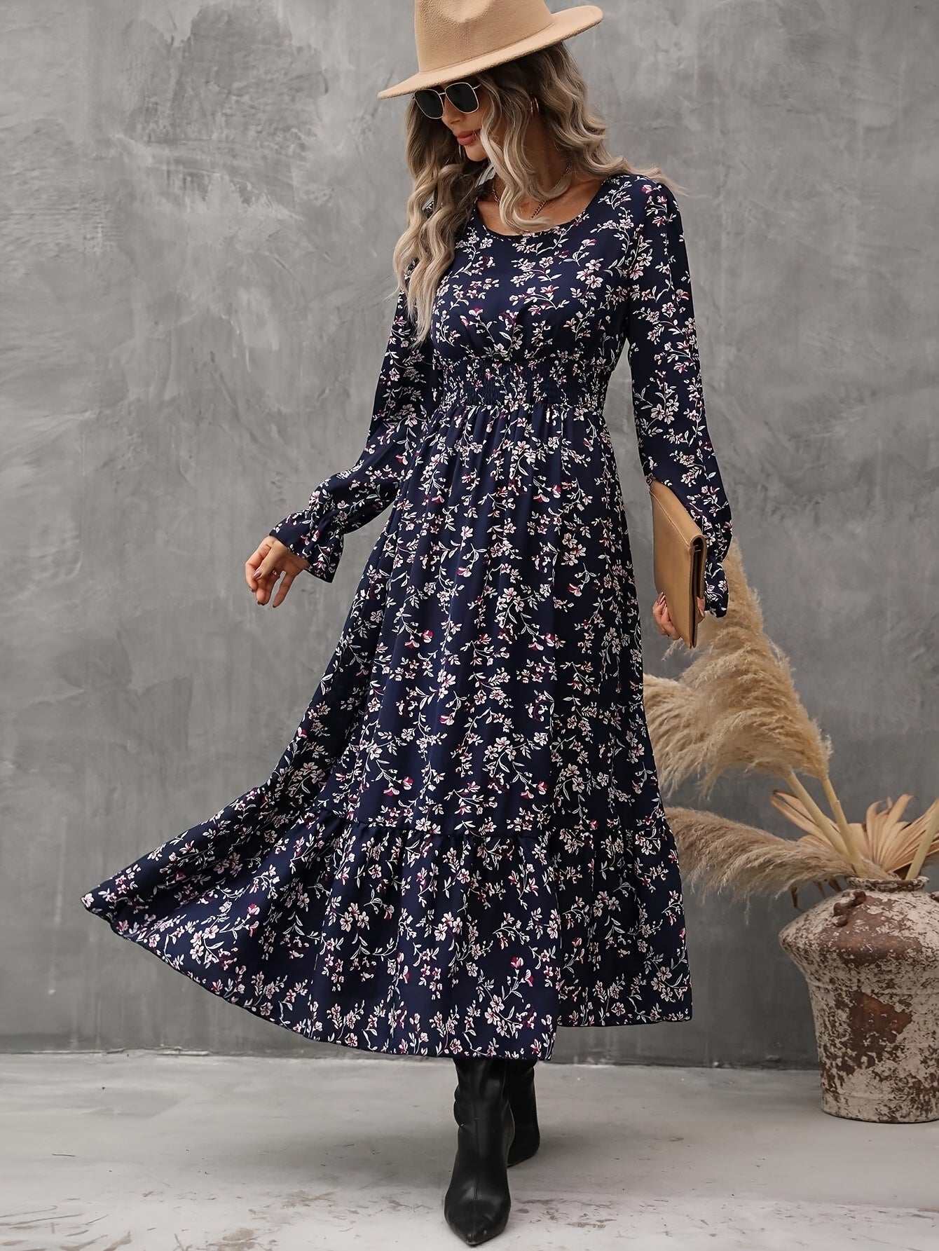 Geertje | Bloemenprint A-Lijn Jurk Met Ronde Hals