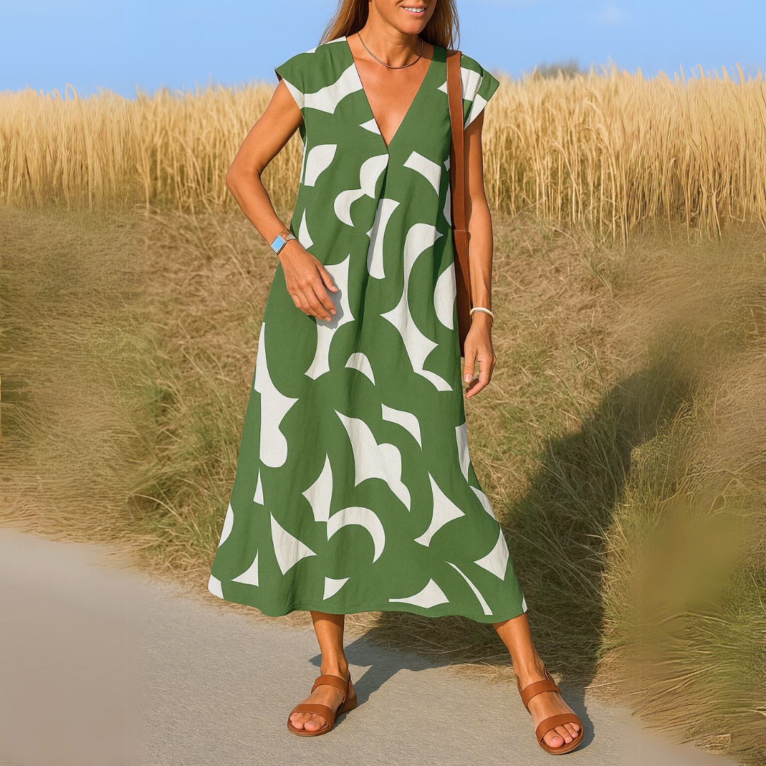 Marleen | Luchtige Zomerjurk met V-Hals en Grafische Print