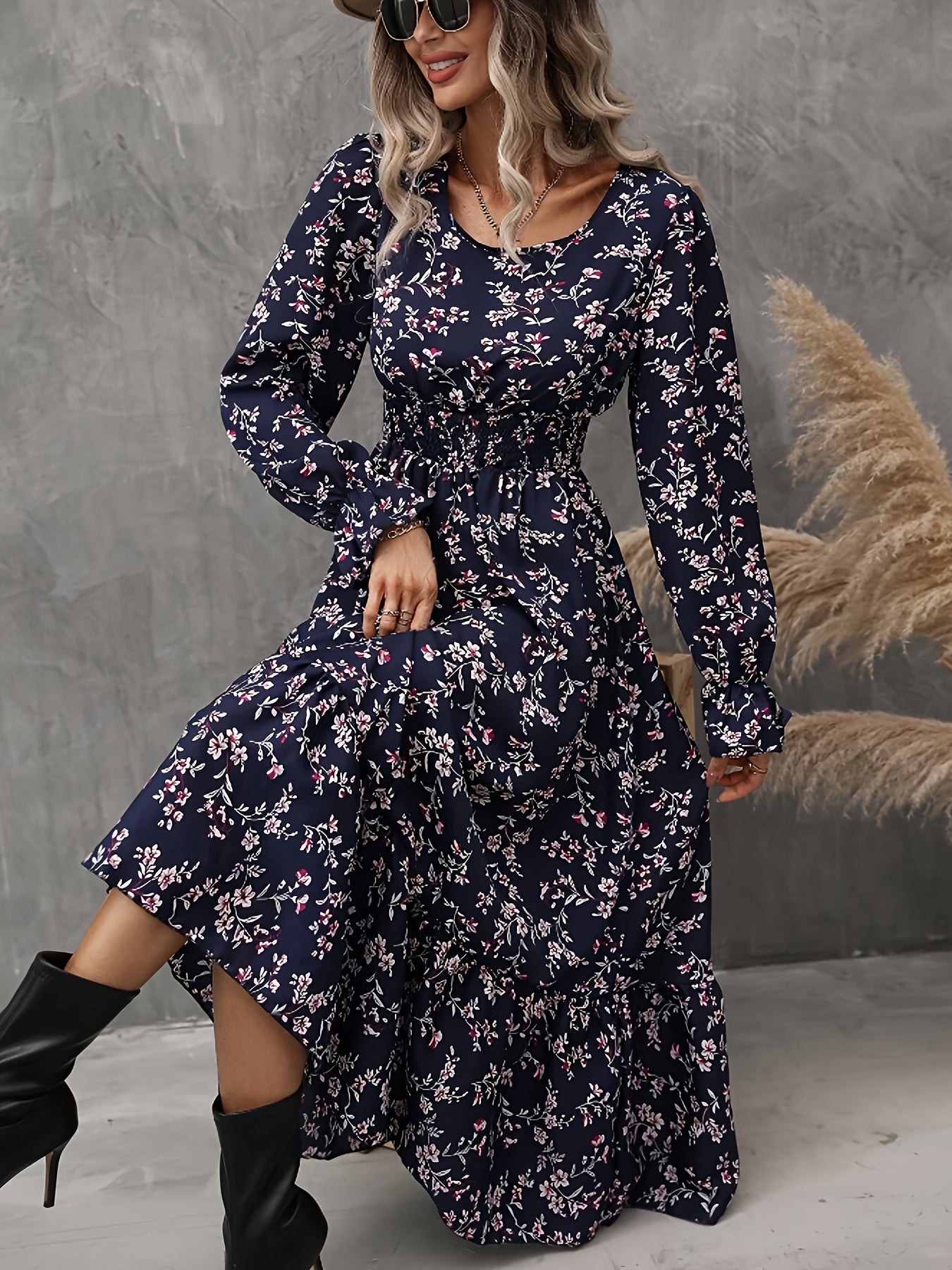 Geertje | Bloemenprint A-Lijn Jurk Met Ronde Hals