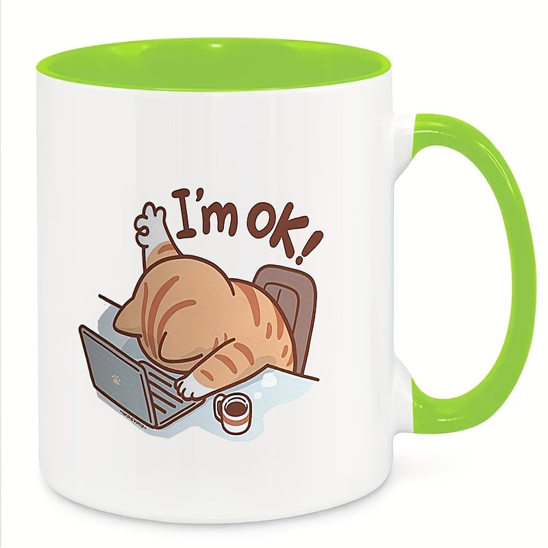 Keramische Geïsoleerde Kattenkoffiemok - Herbruikbare Multifunctionele Theekop met Speels "Ik Ben Prima" Kattendesign, Alleen Handwas, Ideaal Geschenk voor Kattenliefhebbers, Koffiekop