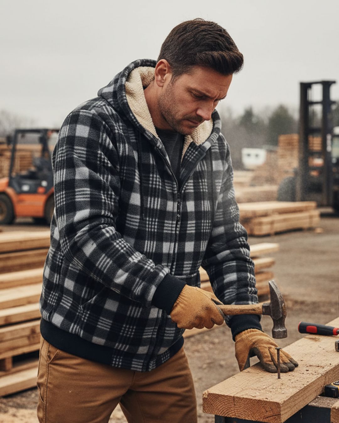 Fleece Lined Plaid Zip Hoodie