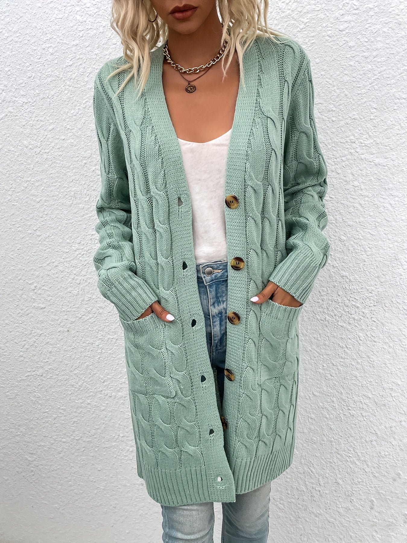 Mirjam | Lange Gebreide Cardigan Met Knoopsluiting