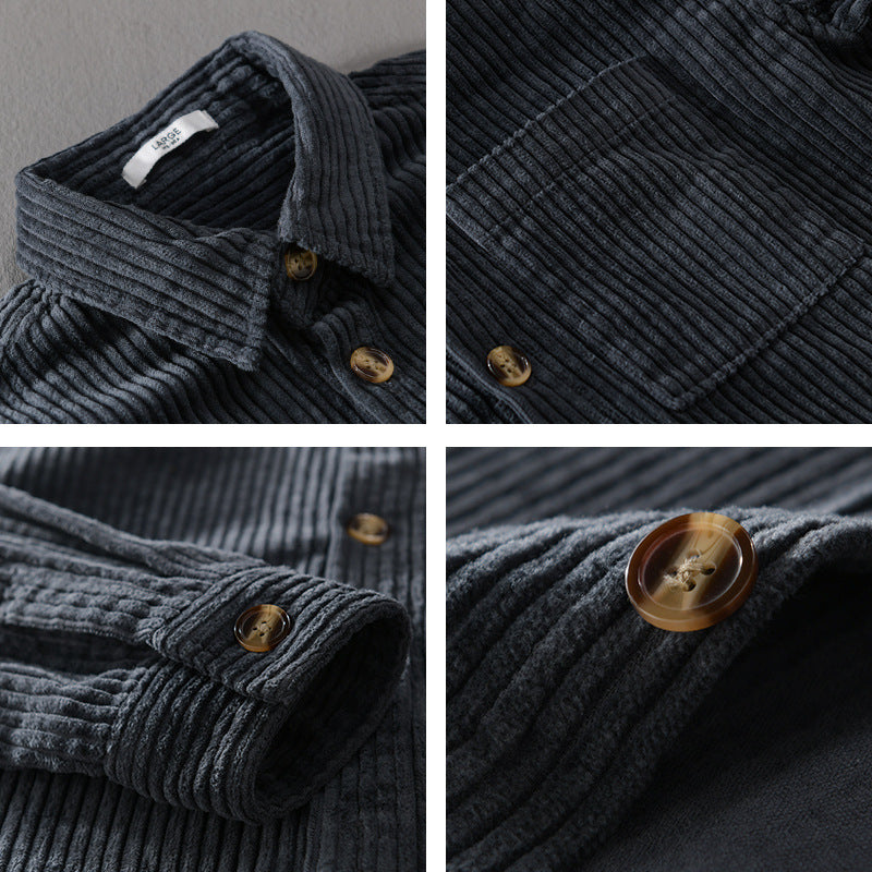 Winter Corduroy Shirt With Pocket Fashion Lapel Button Long Sleeve Top Men's Clothing