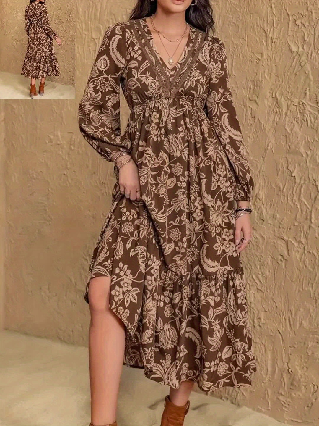 Jolande | Bohemien Jurk Met Tropische Print En Lange Mouwen