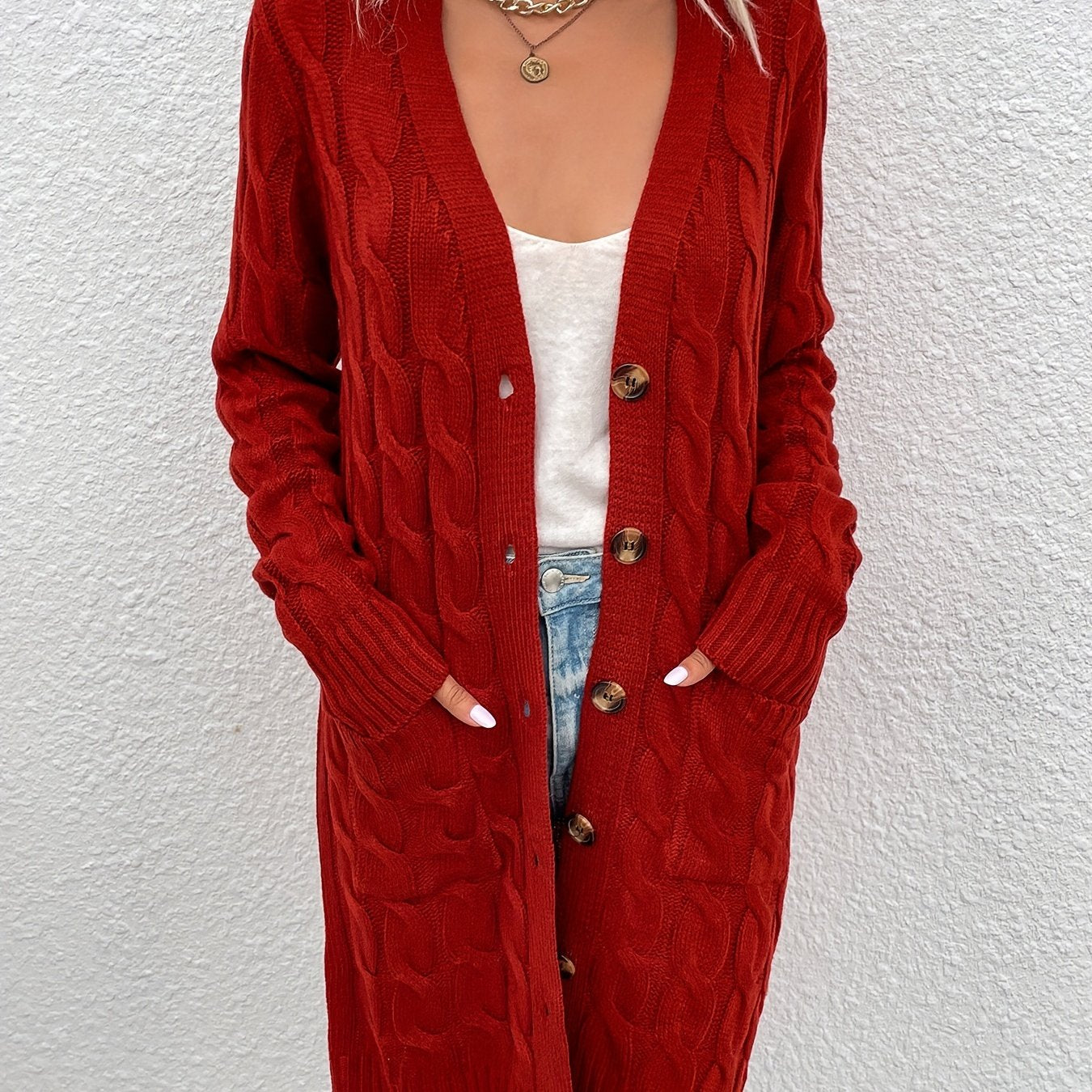 Mirjam | Lange Gebreide Cardigan Met Knoopsluiting