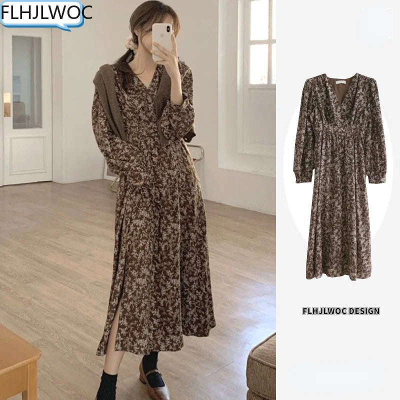 Korea Chic Dress Temperament Holiday Date Girls V Neck Draped Sweet Romantic Floral Print Women Long Split Slit Dresses Vestidos