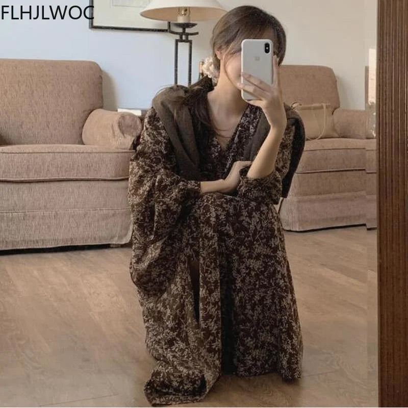 Korea Chic Dress Temperament Holiday Date Girls V Neck Draped Sweet Romantic Floral Print Women Long Split Slit Dresses Vestidos
