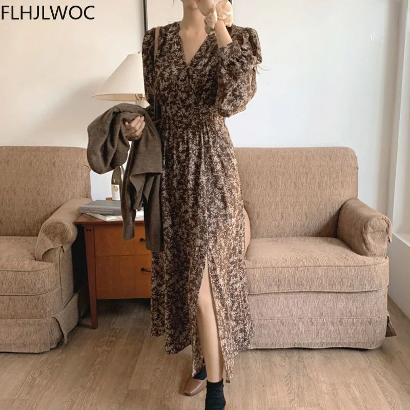 Korea Chic Dress Temperament Holiday Date Girls V Neck Draped Sweet Romantic Floral Print Women Long Split Slit Dresses Vestidos