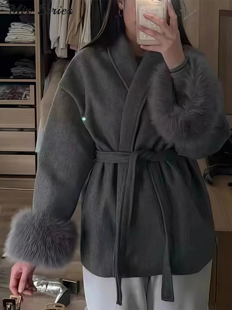 Fashion Solid Belted Coat Women's Turn-down Collar Fuzzy Cuff Design Long Sleeve Jacket 2025 Autumn New Ladies Casual Streetwear