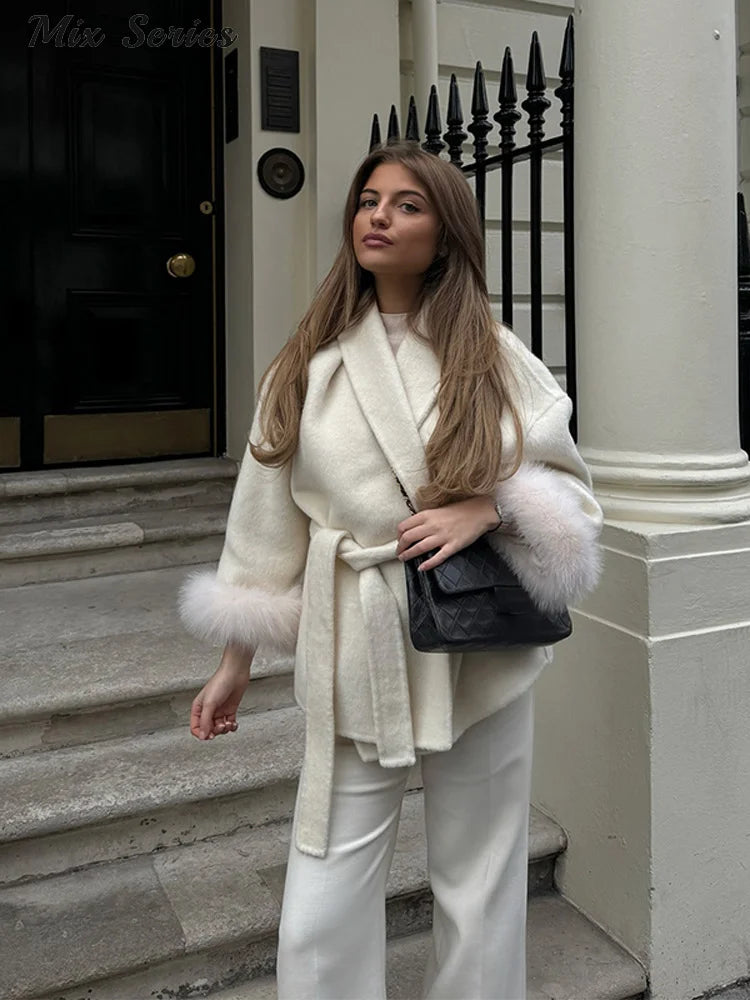 Fashion Solid Belted Coat Women's Turn-down Collar Fuzzy Cuff Design Long Sleeve Jacket 2025 Autumn New Ladies Casual Streetwear