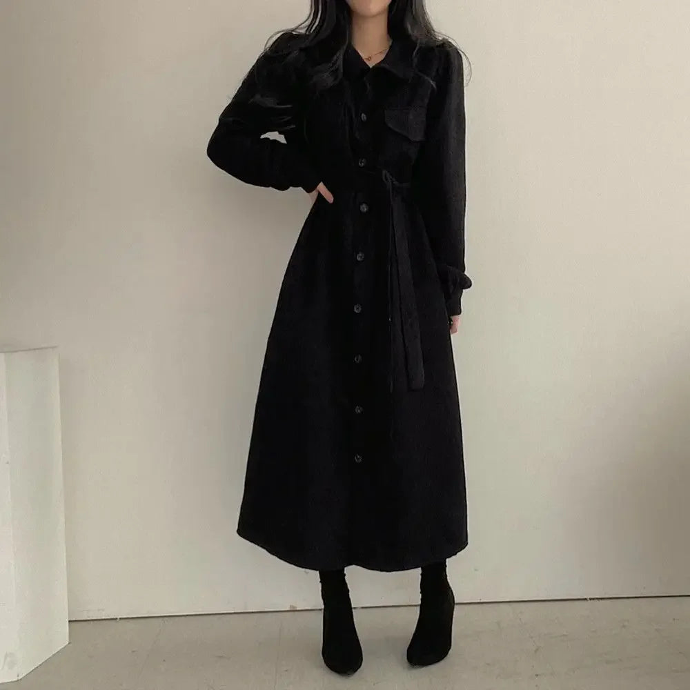 ChicAutumn/hiver Style coréen simple boutonnage taille ajustée longue robe en velours côtelé couleur unie femmes mode Vintage robe à revers