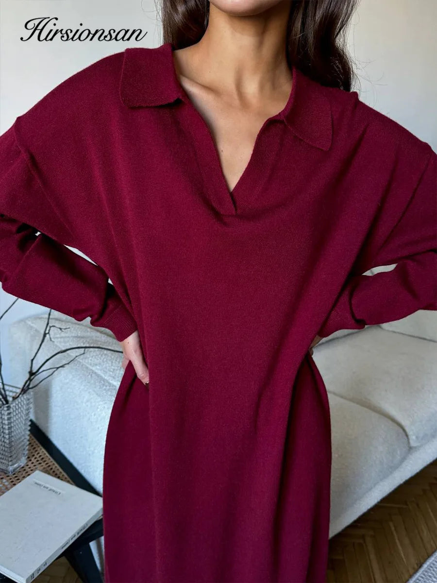 Hirsionsan manches longues automne hiver ample col Polo pull robes femmes doux élégant solide robe en tricot femme 2025 nouveaux vêtements