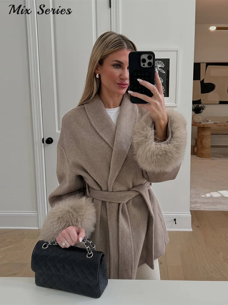 Fashion Solid Belted Coat Women's Turn-down Collar Fuzzy Cuff Design Long Sleeve Jacket 2025 Autumn New Ladies Casual Streetwear